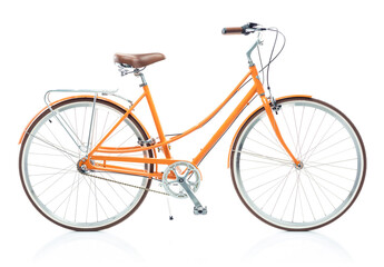 Stylish womens orange bicycle isolated on white