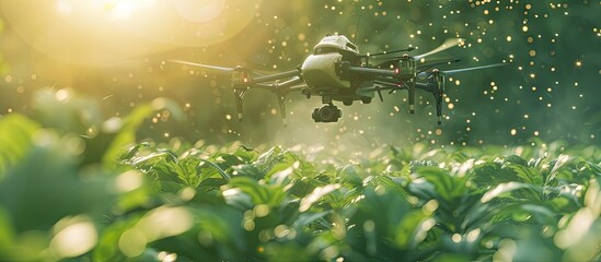 A small plane is seen flying over a vibrant green field, likely on a crop-dusting mission to support agriculture practices. The lush landscape indicates fertile soil and healthy vegetation. The planes - Powered by Adobe