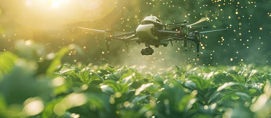 Crédence de cuisine en verre imprimé Kaki A small plane is seen flying over a vibrant green field, likely on a crop-dusting mission to support agriculture practices. The lush landscape indicates fertile soil and healthy vegetation. The planes