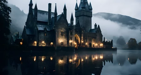  the castle building on the side of a lake with light on it's windows © Scarlett