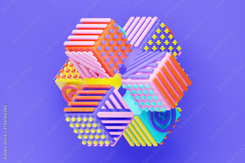 Poster 3d rendering, abstract bright figure with various patterns, shapes and various lines. colorful creat