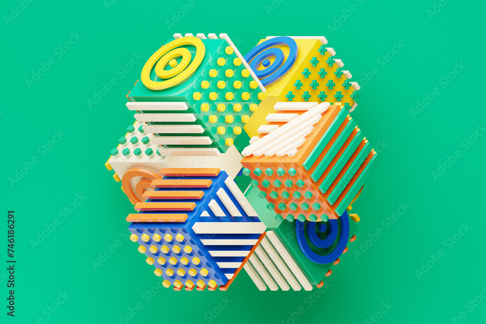 Poster 3d illustration abstract shape with different geometric patterns on each side on a green background,
