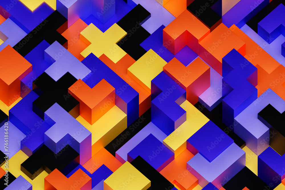 Poster 3d rendering of an abstract multi-colored pattern of shapes