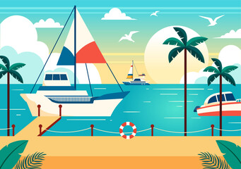 Fototapeta na wymiar Yachts Vector Illustration with Ferries Cargo Boats and Ship Sailboat of Water Transport at the Beach in Sunset Flat Cartoon Background