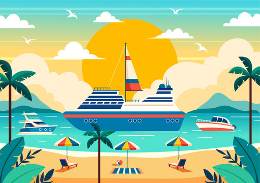 Yachts Vector Illustration with Ferries Cargo Boats and Ship Sailboat of Water Transport at the Beach in Sunset Flat Cartoon Background