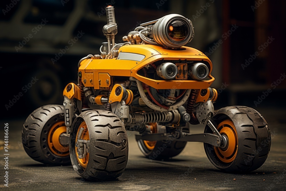 Poster mechanical robot hand assembly car. factory production. generate ai