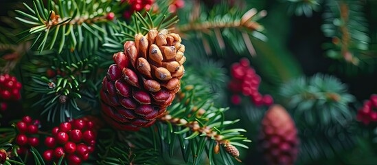 A detailed close-up photo of a pine cone growing on a tree, showcasing its intricate textures and natural beauty against a backdrop of lush greenery.