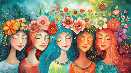 Playful depiction of women with floral hair and joyful expressions