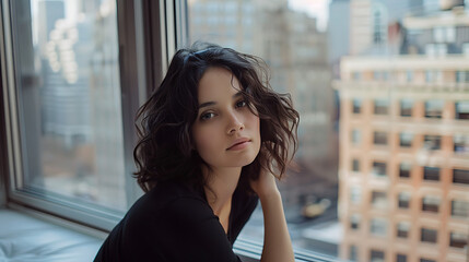 Mulher contemplativa na janela com vista da cidade e luz suave filtrando capturada em close com lente 50mm