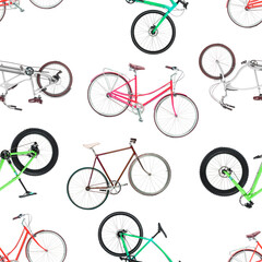 Seamless pattern of different bicycles isolated on a white