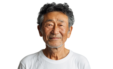 a 60 year old Chinese man that is smiling but Young, stylish, rich. in a T-shirt