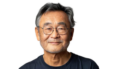 a 60 year old Chinese man that is smiling but Young, stylish, rich. in a T-shirt