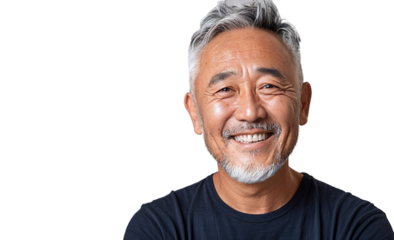 a 60 year old Chinese man that is smiling but Young, stylish, rich. in a T-shirt