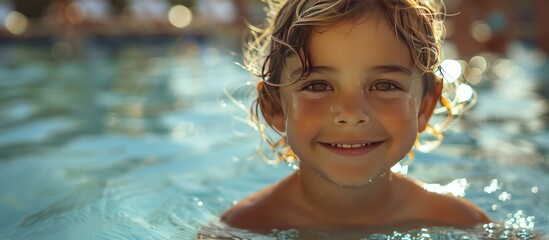 Happy child in a water park swimming pool