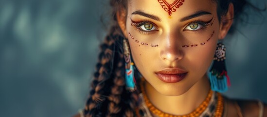 A close-up view of an attractive woman with striking blue eyes, resembling a Taurean, showcasing bold face prints. Her vivid blue eyes are the focal point of the image, exuding depth and intensity.