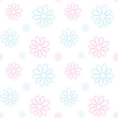 Soft floral seamless pattern with hand drawn pink and blue flowers on white background. Cute doodle botanical allover illustration great for baby clothes