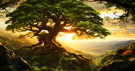 an image of a large tree by the mountains