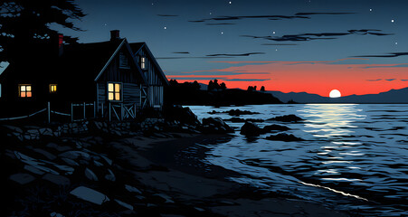 an illustration of a boathouse at night with the moon setting