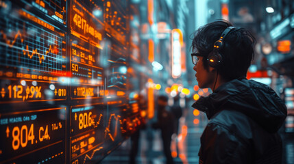 Fototapeta premium In the midst of a bustling trading floor holographic graphs and charts float above the heads of traders displaying realtime market data and analysis. The ability to seamlessly