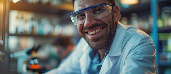 Fototapeta na wymiar A man wearing a lab coat and goggles smiles directly at the camera, radiating joy and confidence. He appears to be in a laboratory setting, possibly conducting scientific experiments or analysis.