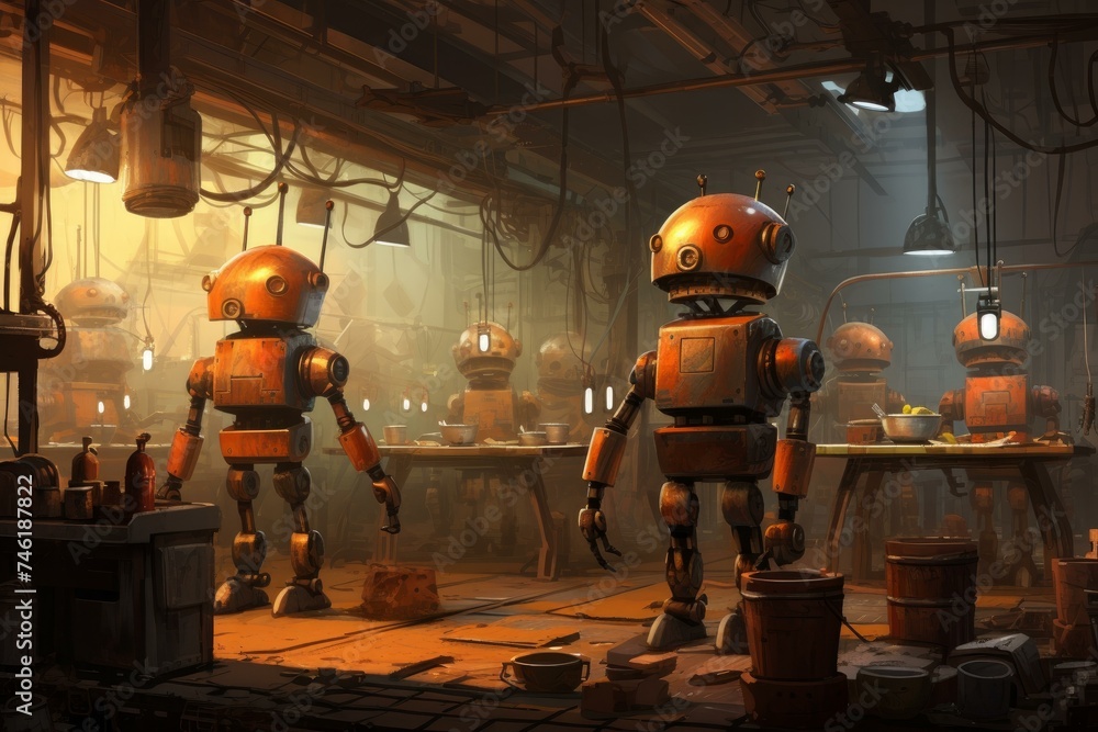 Poster automated robot hand factory line. tool mobile. generate ai