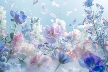 Fototapeta na wymiar Pastel dreamscape, a blend of spring flowers in soft focus, with floating petals
