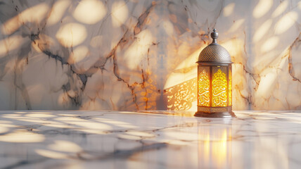 Ramadan Serenity: Warm Glow from a Traditional Lantern on a Sunlit Marble - obrazy, fototapety, plakaty