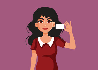 Happy Woman Holding a Business Card Vector Character Illustration. Corporate worker presenting the brand identity marketing material 

