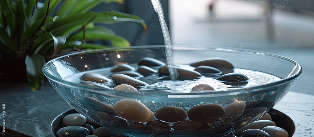 Poster a bowl filled with various rocks is placed on top of a table. the rocks vary in size, shape, and col