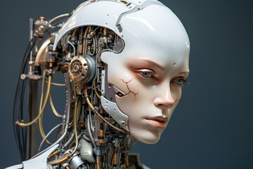 Futuristic Robot female head. Metal science. Generate Ai