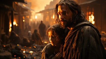 Obraz premium Jesus carrying dying child in war torn city.