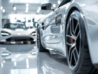 New silver car inside shop exposition for sale front view