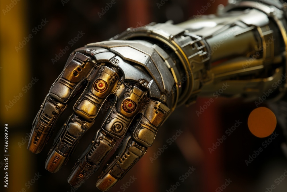 Poster sophisticated robot cyber hand. factory ai. generate ai