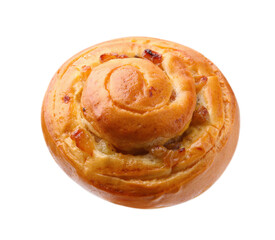 One delicious roll with raisins isolated on white. Sweet bun