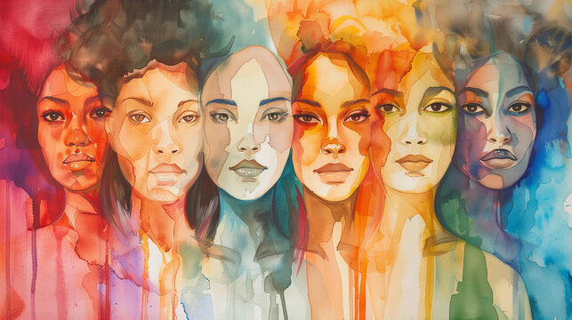 Watercolor portrait, group of diverse women together