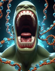A digital representation of a human figure overwhelmed by a viral infection, mouth agape in a silent scream. Surrounded by stylized depictions of DNA strands and viruses, the image conveys a sense of - obrazy, fototapety, plakaty