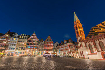Frankfurt Germany, night panorama city skyline at Romer old town square