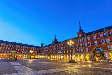 Madrid Spain, night city skyline at Plaza Mayor