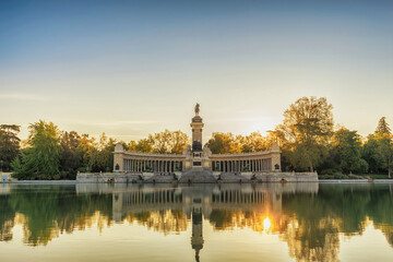 Madrid Spain, sunrise city skyline at El Retiro Park