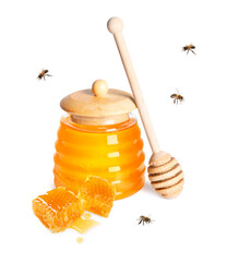 Natural honey in jar, wooden dipper, pieces of honeycomb and bees on white background