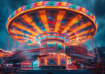 Foto op Plexiglas Fairground Rides: Design scenes of colorful fairground rides in motion, with a long exposure to capture the lights and movement, creating a sense of excitement and festivity. © Kuo