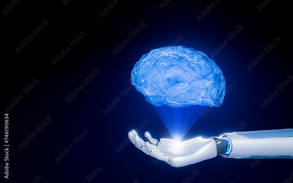 Poster medical technology, scanning or hologram projection with a robot arm or robot and ai. health problem