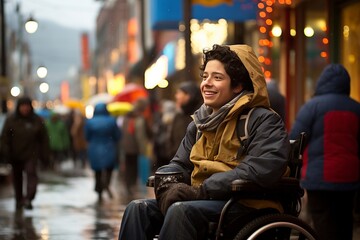 Cheerful young man in a wheelchair enjoying a stroll on a bustling city street on a rainy day while wearing a stylish brown jacket and flashing a warm smile as he gazes towards the left - obrazy, fototapety, plakaty