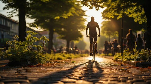 Disabled athlete man with prosthetic leg exercising outdoor in park.