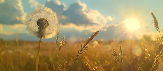 Fotobehang A fluffy dandelion stands tall in the middle of a vast field of green grass under the summer sun, showcasing the contrast between its delicate petals and the surrounding vegetation. © 2rogan