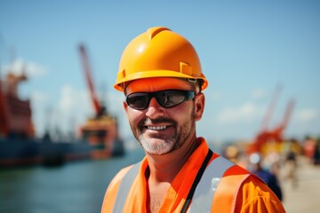 Construction worker smiling face portrait. Engineer in orange hardhat and worker vest, blurred sea port background. White industrial worker look at camera. Foreman job