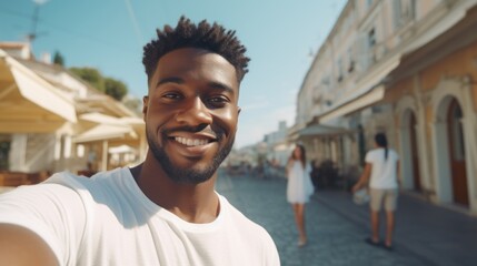 Handsome smiling black guy make selfie. African American man make selfie on the european street