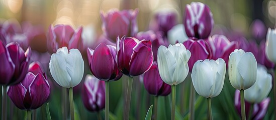 A cluster of vibrant purple and white tulip flowers bloom abundantly in a picturesque field, creating a stunning sight of natures beauty.