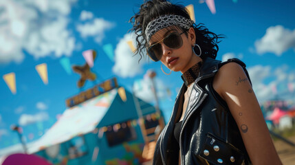 An elegant and edgy biker outfit featuring a black leather biker jacket over a flowy black dress paired with black boots and a bandana headband. This look is perfect for a