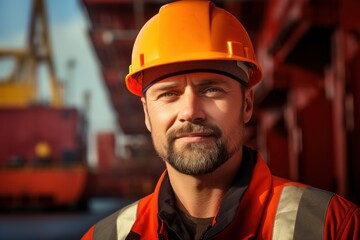 Face portrait of a smiling worker in safety hard hat. Sea worker in port. Workman look at camera, blurred sea containers background